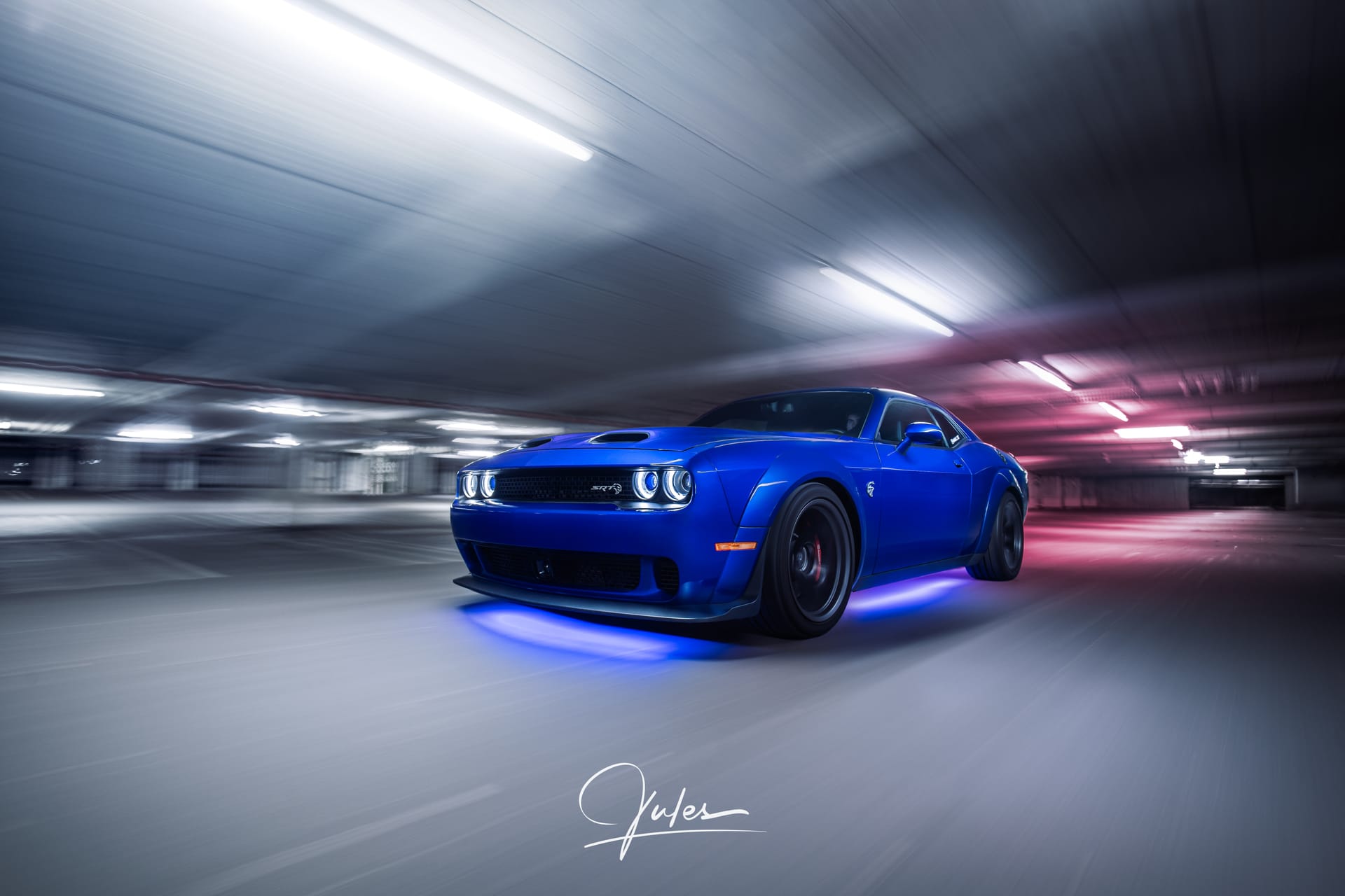 Challenger Hellcat in motion in a parking garage