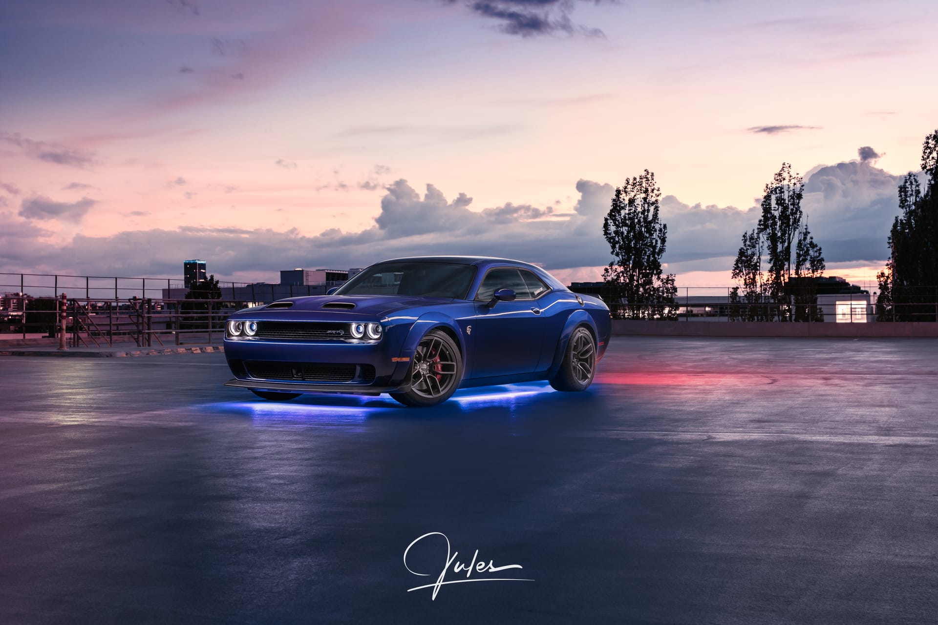Challenger Hellcat on a rooftop at sunset